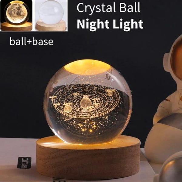 🌌 3D Galaxy Solar System Crystal Ball Night Light with Wooden Base – USB Powered LED Gift Lamp (Random Space Designs)